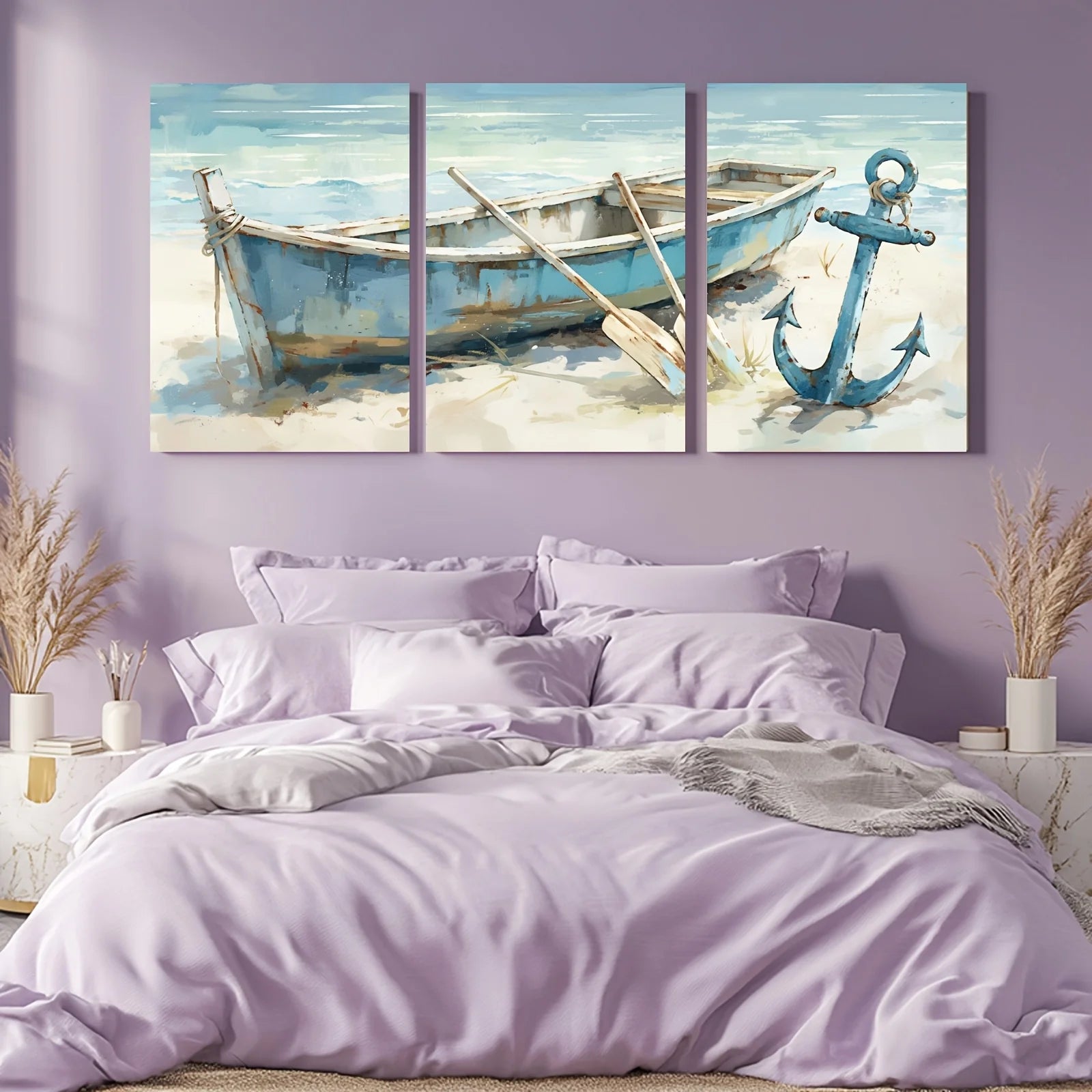 3pcs Frameless Canvas Wall Art Prints - Contemporary Navy Beach Scene with Anchor & Boat, 
