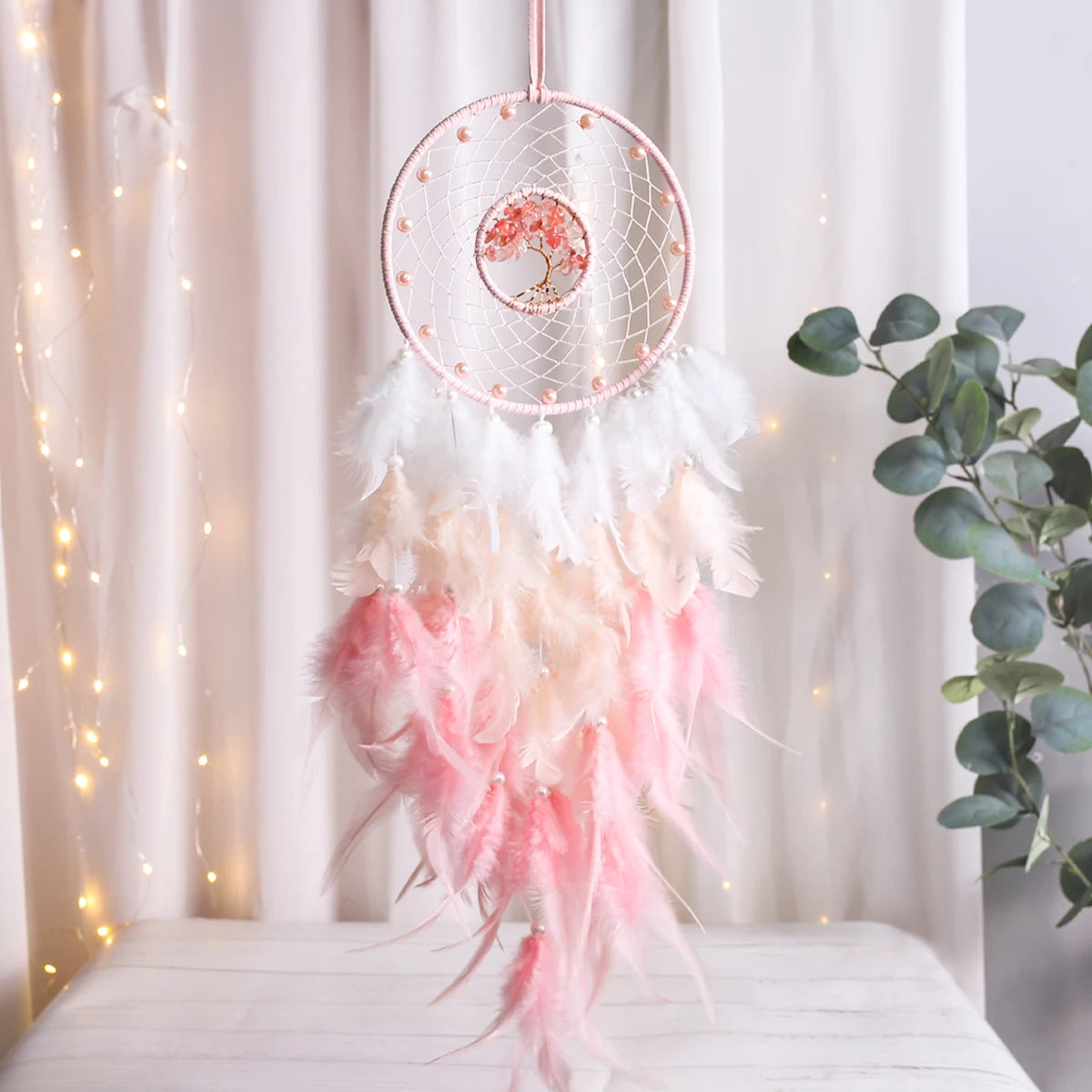 Pink Tree of Life Dream Catcher with Crystal Stones Hanging Decor 