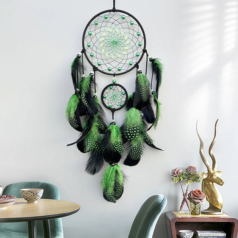Dream Catcher With Bright Beads and Green Feathers Wall Decoration 