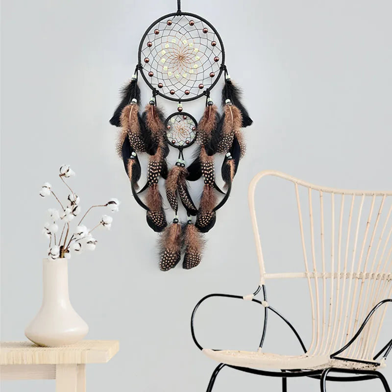 Dream Catcher With Bright Beads and Coffee Feathers Wall Decoration 