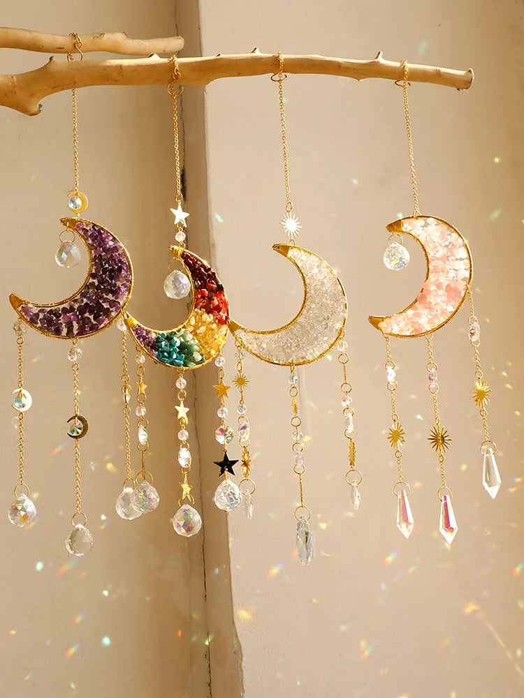Crescent Moon Crystal Sun Catcher, Natural Stone, Hanging Decor 