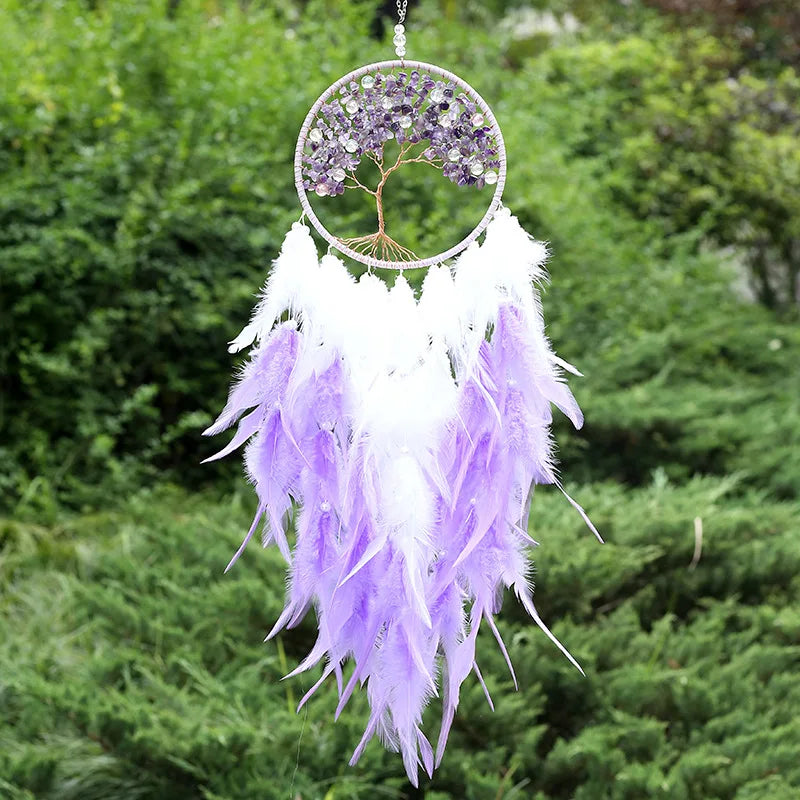 Tree of Life Large Dream Catcher Fairy Feathers with Natural Stone Healing Crystal Handmade Dreamcatcher Hanging Ornament Decor 