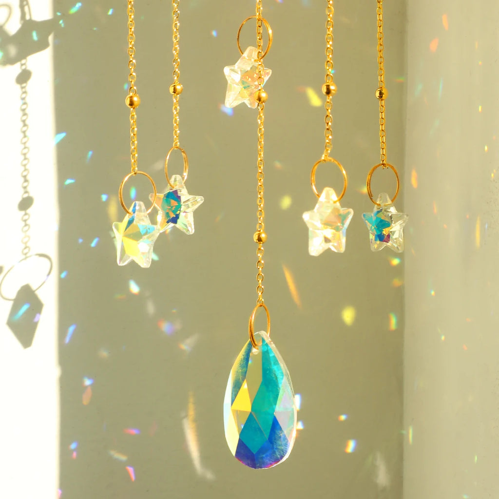 Gold Moon Sun Catcher, Crystal Teardrop Chandelier, Rainbow Maker 