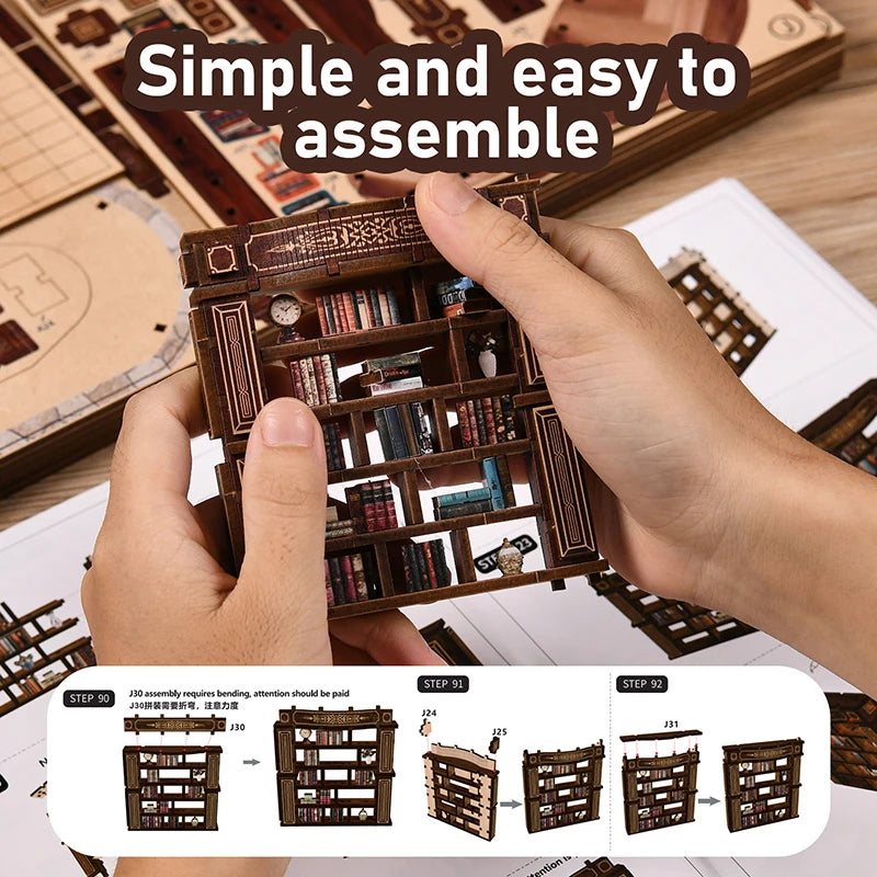 DIY Dream Study Book Nook - Wooden 3D Puzzle Bookend Kit, Creative Handmade Bookshelf Insert Model House Gift 