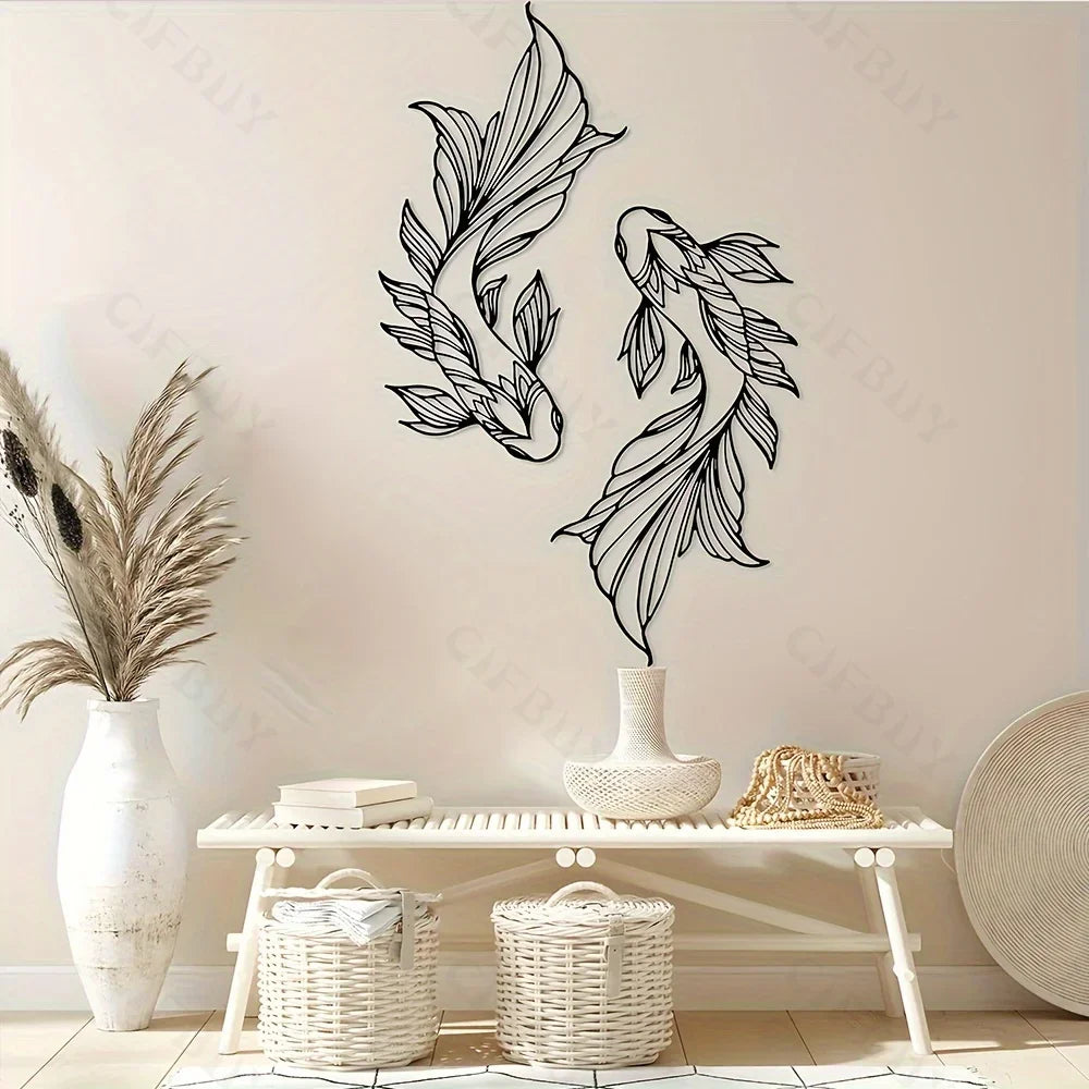 2pcs Koi Fish Metal Wall Art, Home Interior Wall Decoration, Living Room Metal Wall Art Decor 
