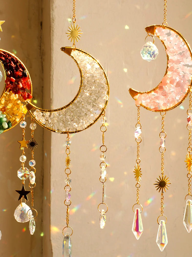Crescent Moon Crystal Sun Catcher, Natural Stone, Hanging Decor 