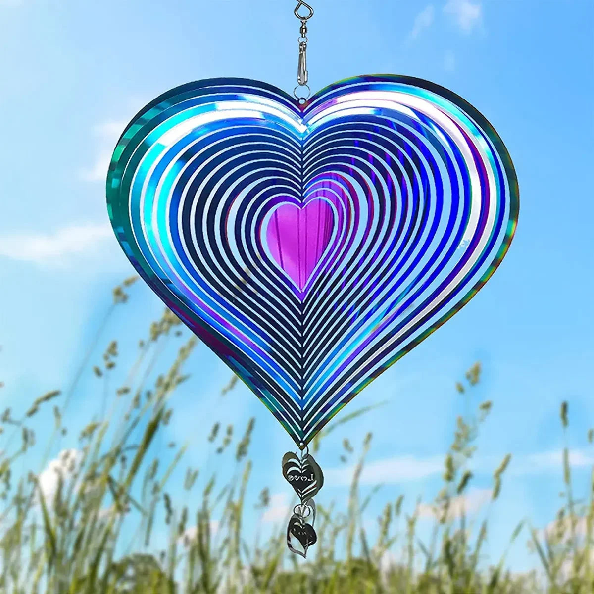 Metalic Heart Color Wind Spinner, Stainless Steel, 3D Outdoor Garden Yard 