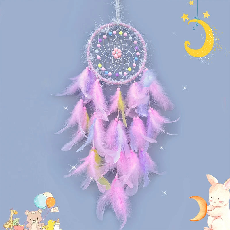 Pink Playful Textured Dream Catcher, Flower Bead, Bedroom Wall Decor, Kids 