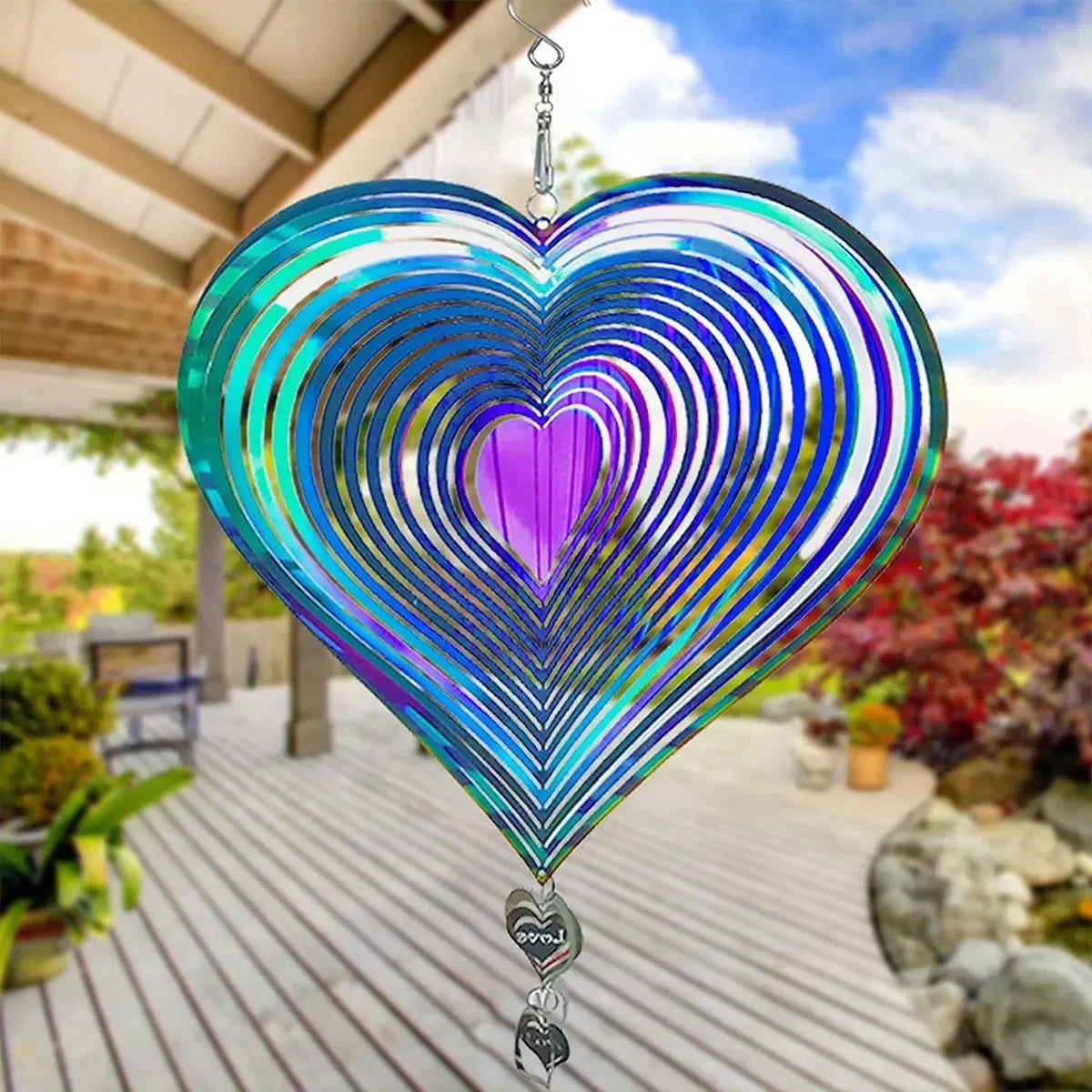 Metalic Heart Color Wind Spinner, Stainless Steel, 3D Outdoor Garden Yard 