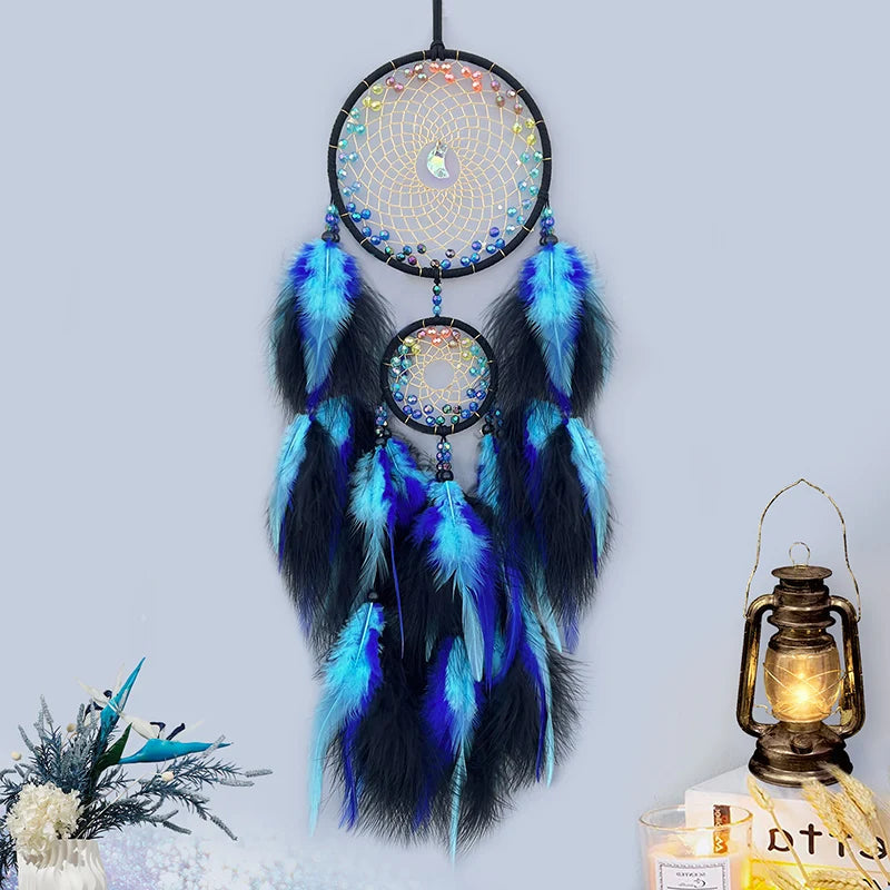 Blue Feather, Rainbow Beads, Dream Catcher, Hanging Ornaments, Home Decoration 