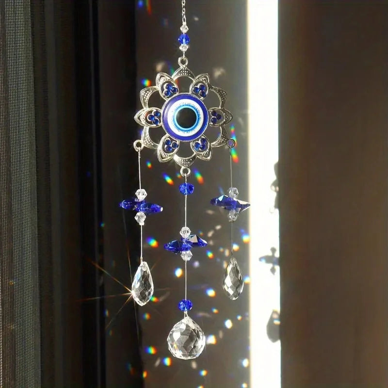 Crystal Blue Evil Eye Flower Suncatcher, Home Decor, Prism 