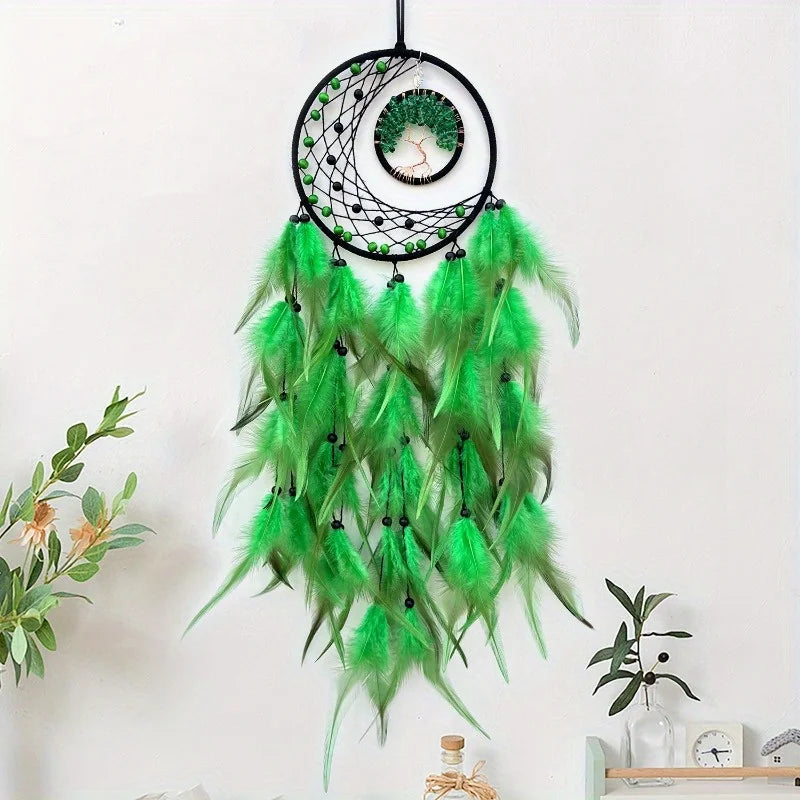 Vibrant Green Dream Catcher, Life Tree and Feathers, Wall Decorations 