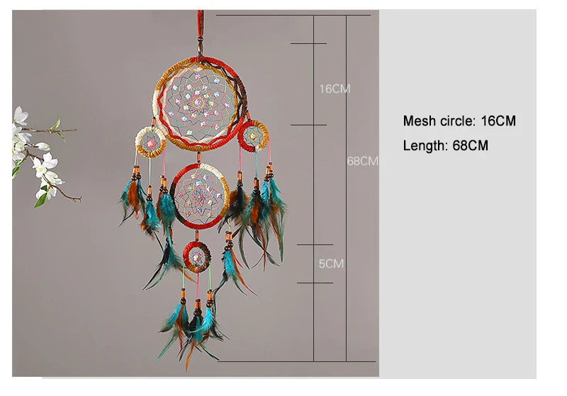 Native Red Five-Ring Dream Catcher, Beads and Feathers, Wall Hanging Decoration 