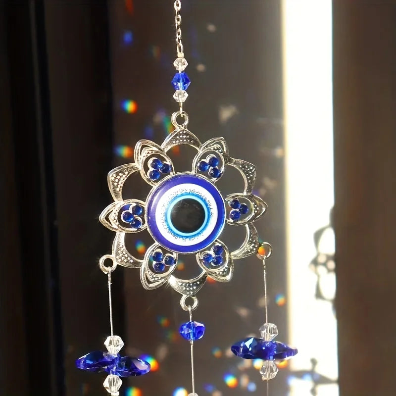 Crystal Blue Evil Eye Flower Suncatcher, Home Decor, Prism 