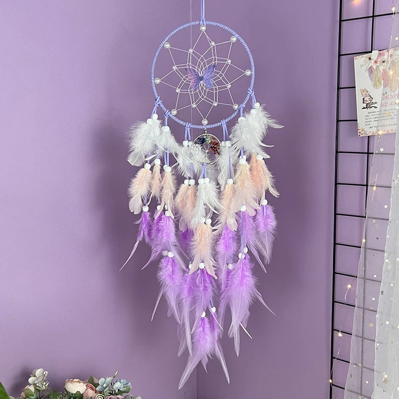 Purple Dream Catcher Butterfly with Crystal Tree of Life, Colorful Feather, Home Decor 