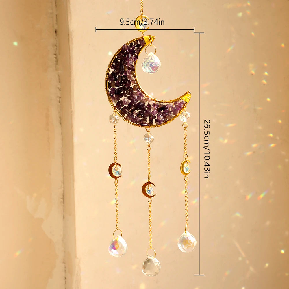 Crescent Moon Crystal Sun Catcher, Natural Stone, Hanging Decor 