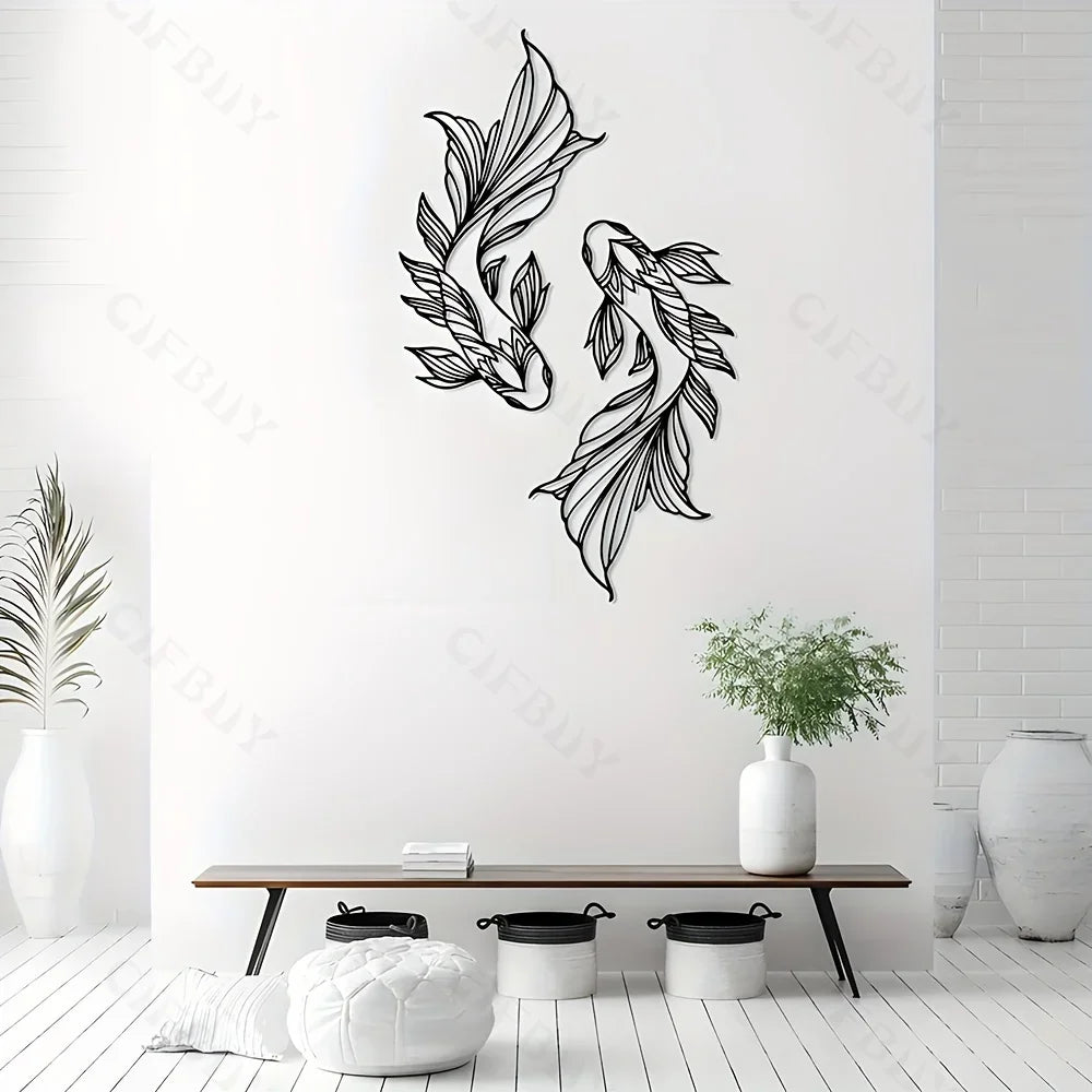 2pcs Koi Fish Metal Wall Art, Home Interior Wall Decoration, Living Room Metal Wall Art Decor 