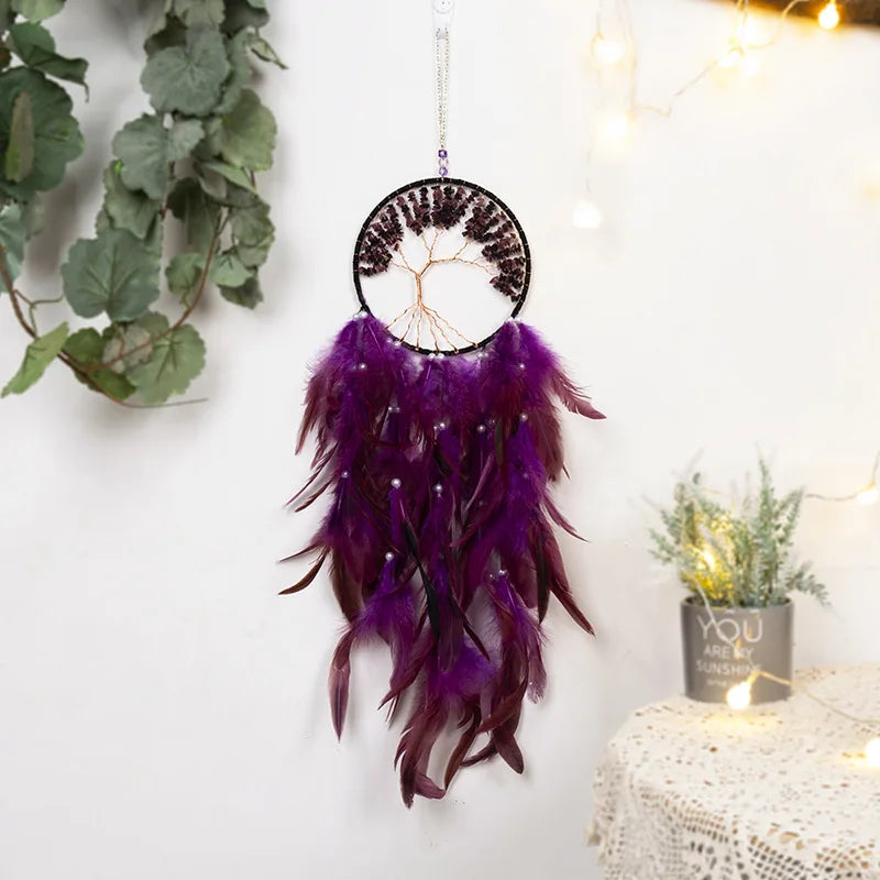 Tree of Life Large Dream Catcher Fairy Feathers with Natural Stone Healing Crystal Handmade Dreamcatcher Hanging Ornament Decor 