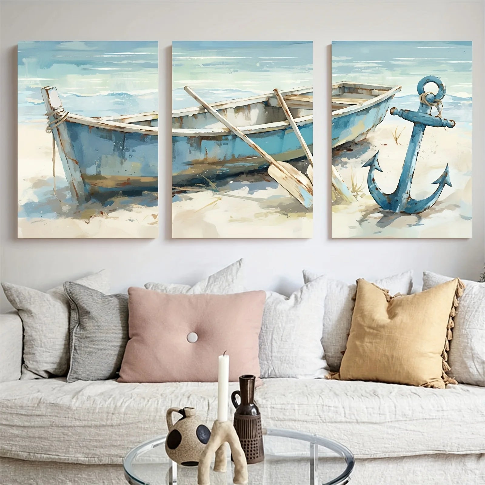3pcs Frameless Canvas Wall Art Prints - Contemporary Navy Beach Scene with Anchor & Boat, 