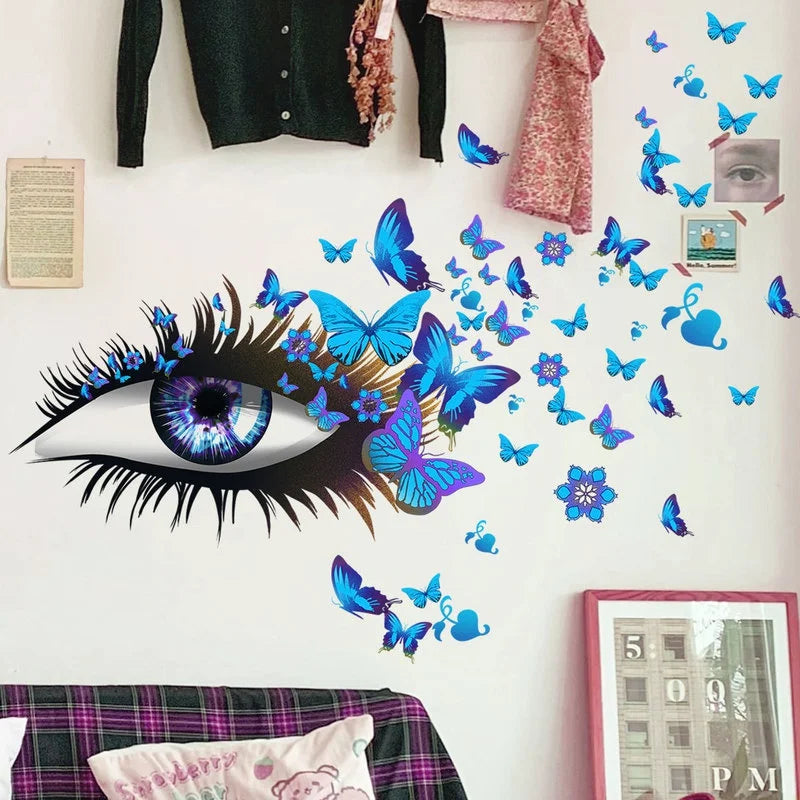 Buterfly Girl Eyes Wall Sticker Flying Butterfly Wall Decals Whimsical Decoration 