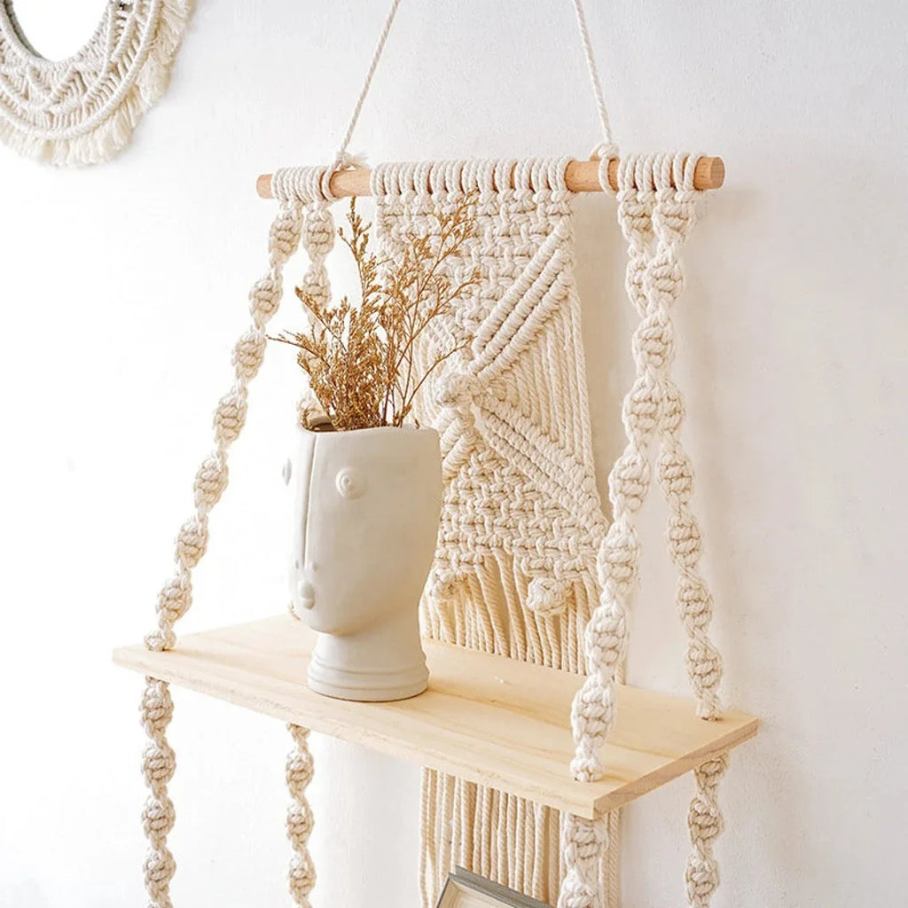 Macrame Wall Hanging Shelf Boho Home Decor Wood Decoration for Bedroom Living Room 
