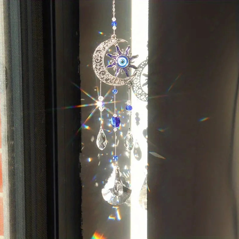 Crystal Blue Evil Eye Moon and Sun Suncatcher, Home Decor, Prism 