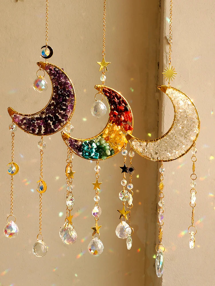 Crescent Moon Crystal Sun Catcher, Natural Stone, Hanging Decor 