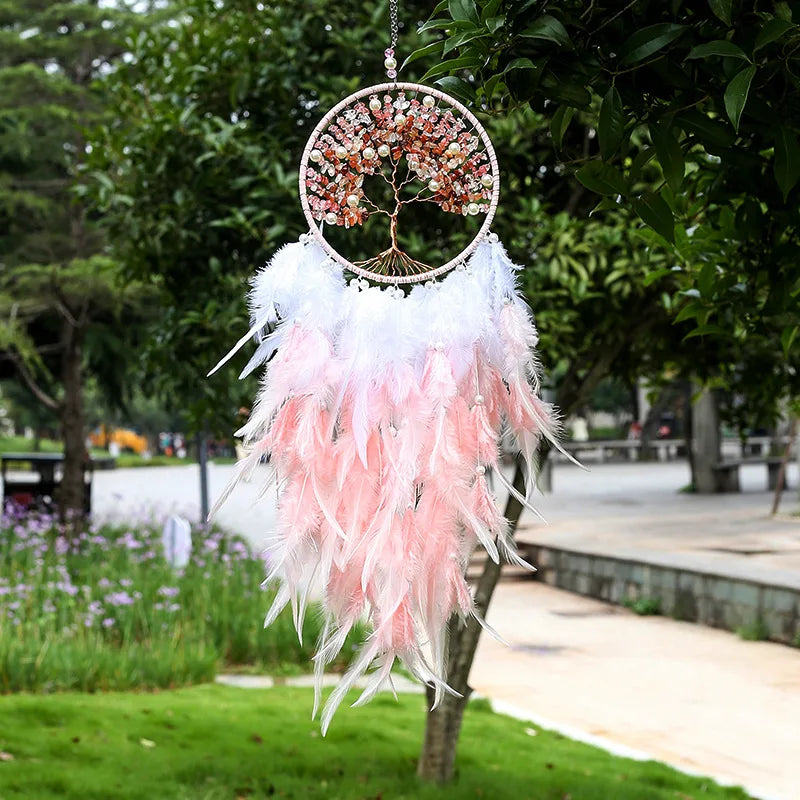 Tree of Life Large Dream Catcher Fairy Feathers with Natural Stone Healing Crystal Handmade Dreamcatcher Hanging Ornament Decor 