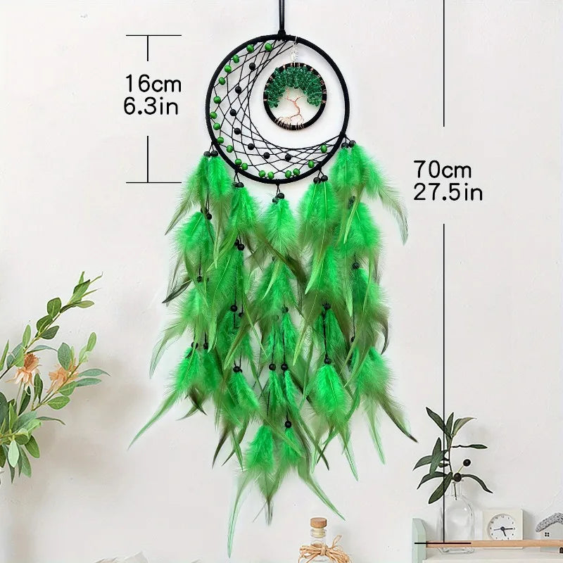 Vibrant Green Dream Catcher, Life Tree and Feathers, Wall Decorations 