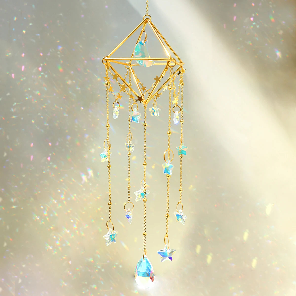 Gold Moon Sun Catcher, Crystal Teardrop Chandelier, Rainbow Maker 
