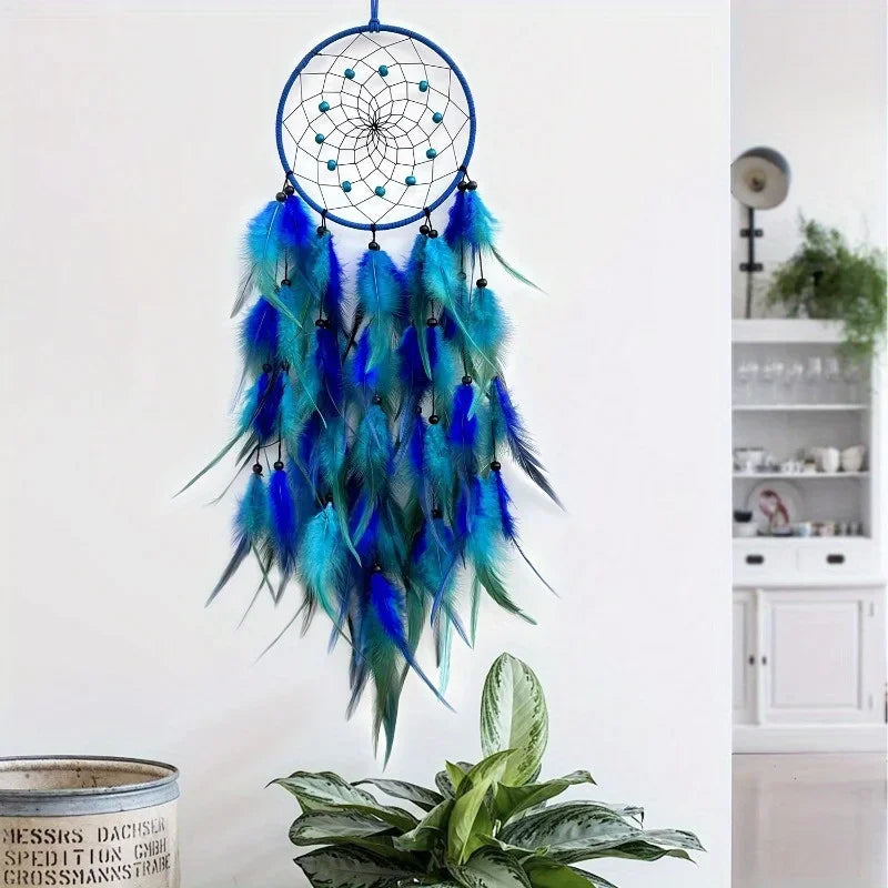 Beautiful Blue Dream Catcher, Long Feathers, Home Wall Decoration 