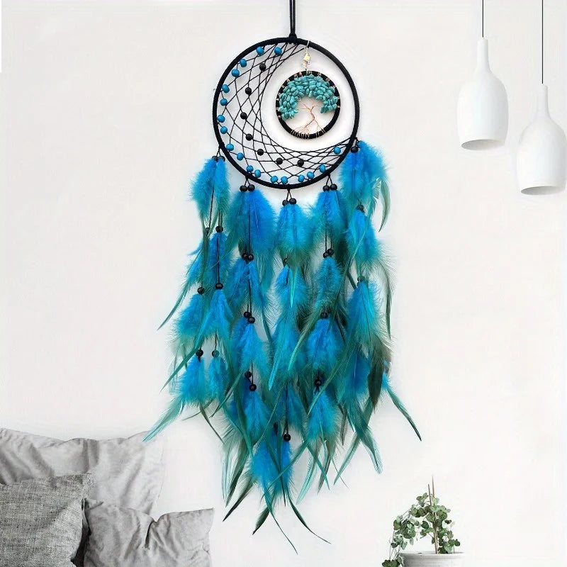 Vibrant Blue Dream Catcher, Life Tree and Feathers, Wall Decorations 