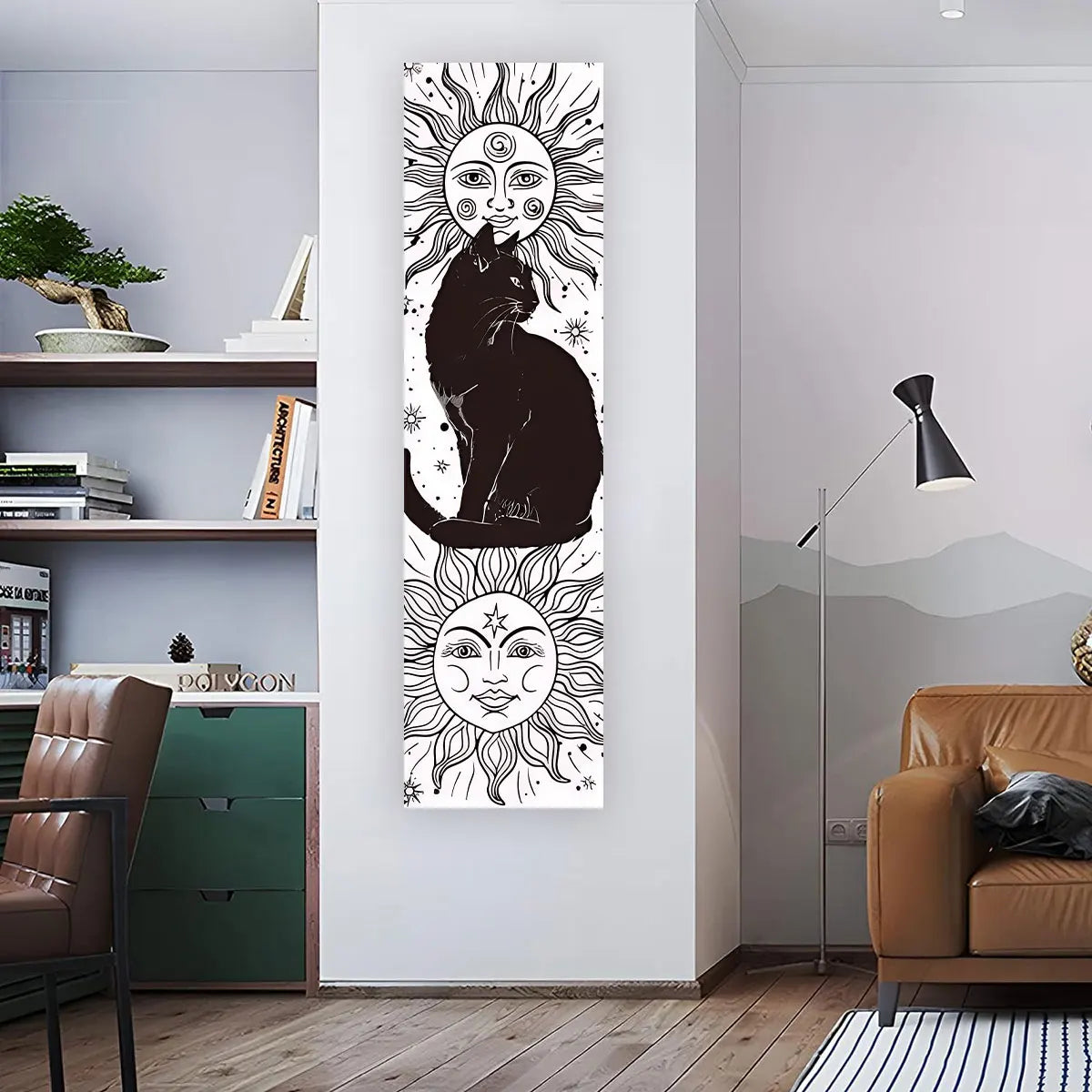 Whimsy Cat Black and White Cat Vertical Tapestry Sun and Moon Long Wall Hanging Starry Sky Aesthetic Art Tapestry Wall Decor 