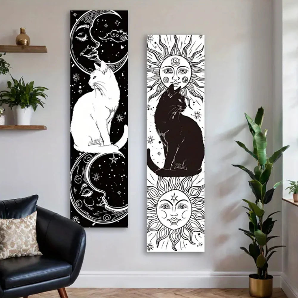Whimsy Cat Black and White Cat Vertical Tapestry Sun and Moon Long Wall Hanging Starry Sky Aesthetic Art Tapestry Wall Decor 