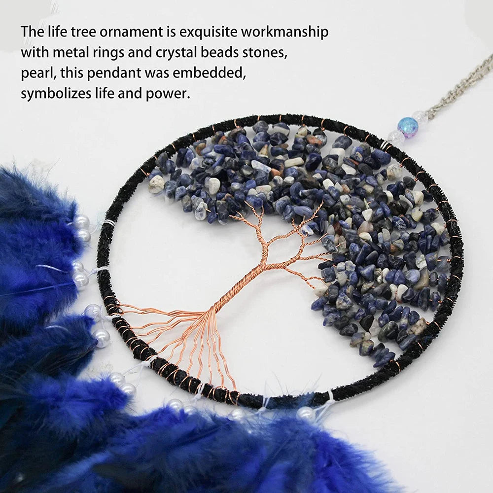 Tree of Life Large Dream Catcher Fairy Feathers with Natural Stone Healing Crystal Handmade Dreamcatcher Hanging Ornament Decor 