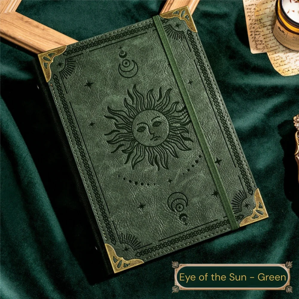 Vintage Leather Journal 120 pages, Embossed Sun Travel Notebook, Refillable Writing Diary 