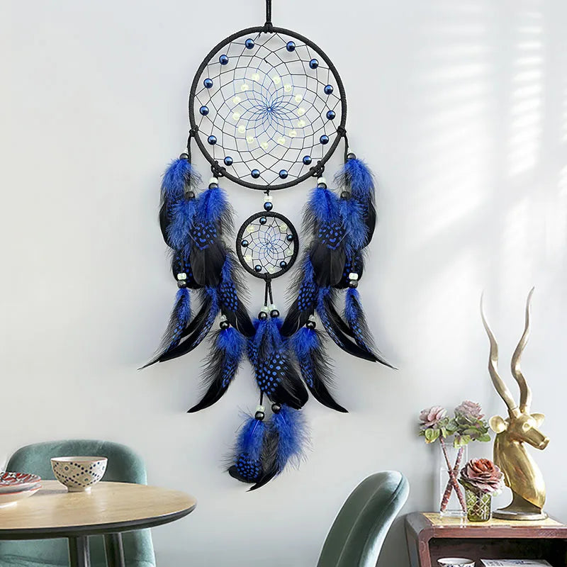 Dream Catcher With Bright Beads and Blue Feathers Wall Decoration 