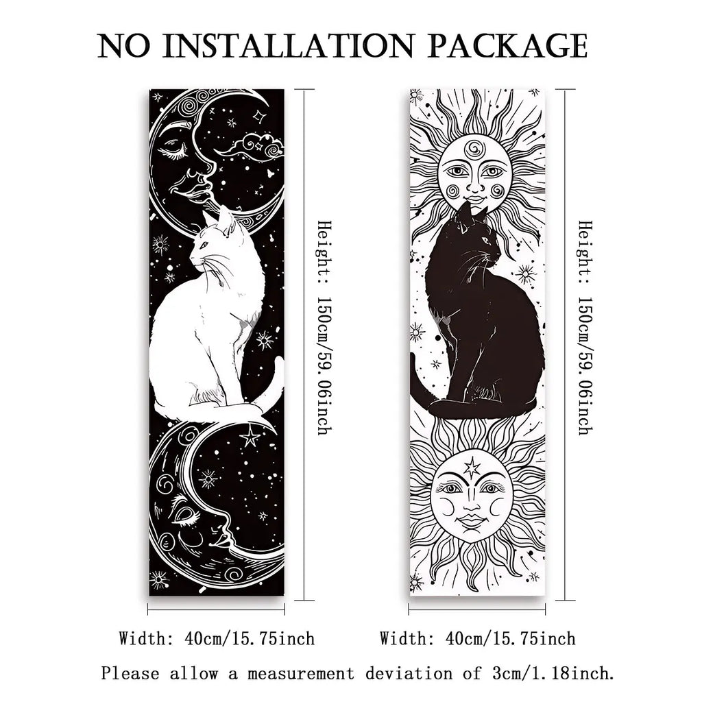 Whimsy Cat Black and White Cat Vertical Tapestry Sun and Moon Long Wall Hanging Starry Sky Aesthetic Art Tapestry Wall Decor 