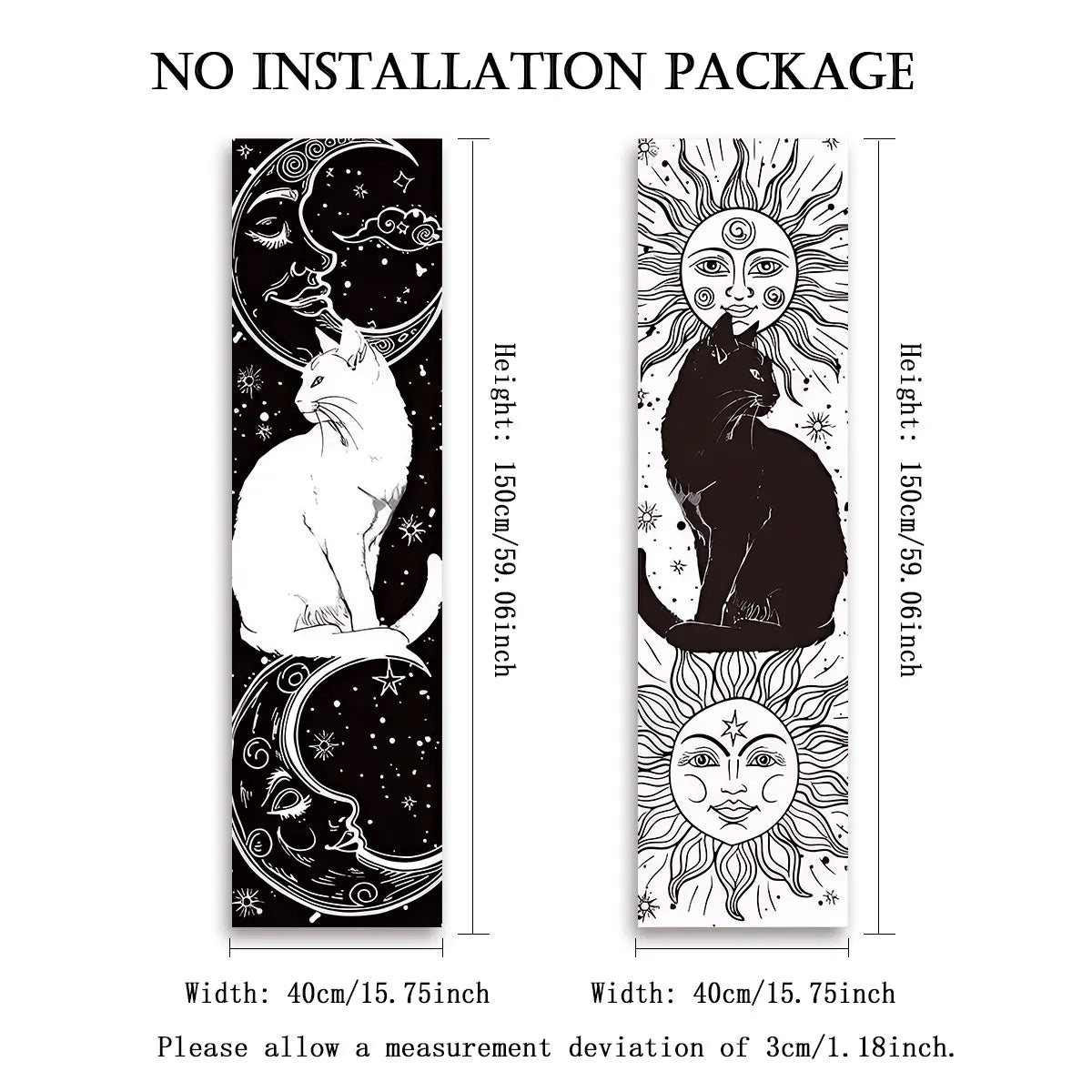 Whimsy Cat Black and White Cat Vertical Tapestry Sun and Moon Long Wall Hanging Starry Sky Aesthetic Art Tapestry Wall Decor 
