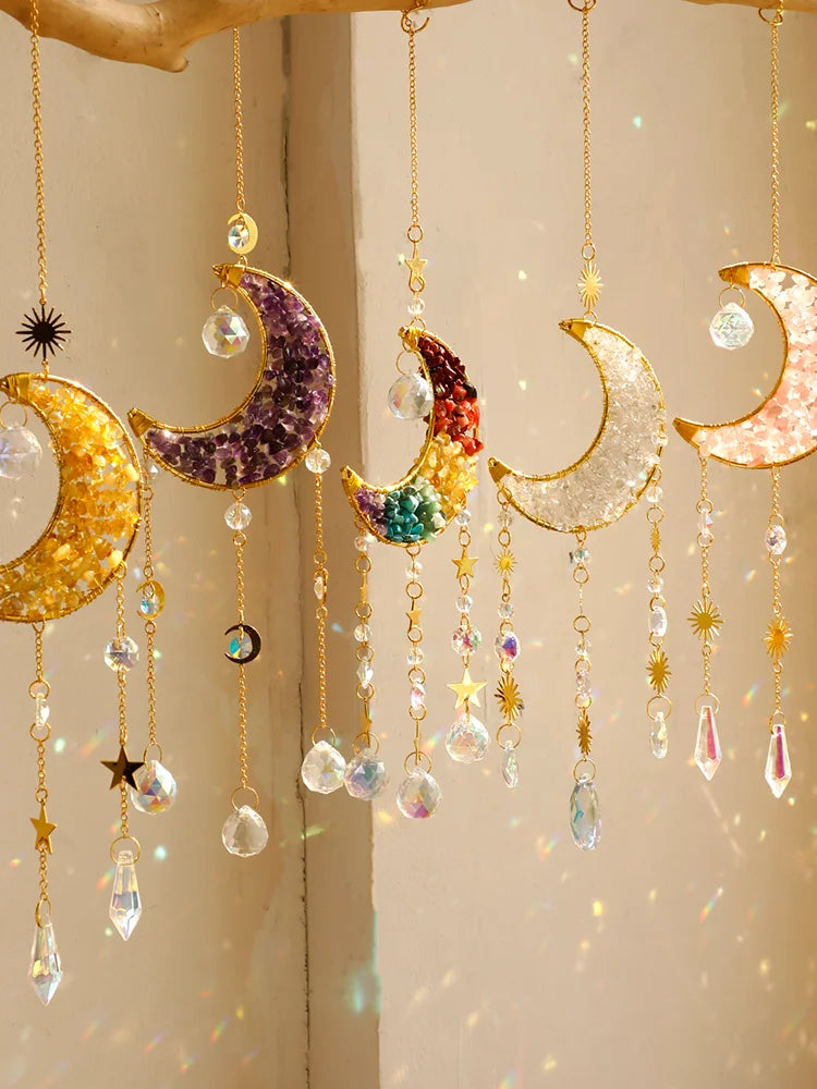 Crescent Moon Crystal Sun Catcher, Natural Stone, Hanging Decor 