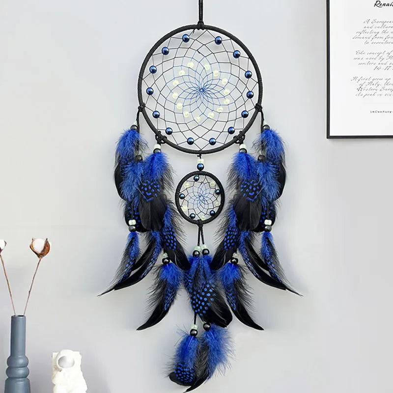 Dream Catcher With Bright Beads and Blue Feathers Wall Decoration 