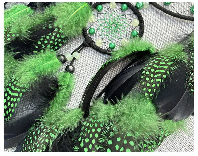 Dream Catcher With Bright Beads and Green Feathers Wall Decoration 