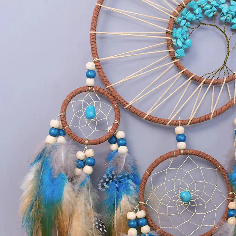 Turquoise and Tan Dream Catcher, Feather Hanging Ornament, Home Decor 