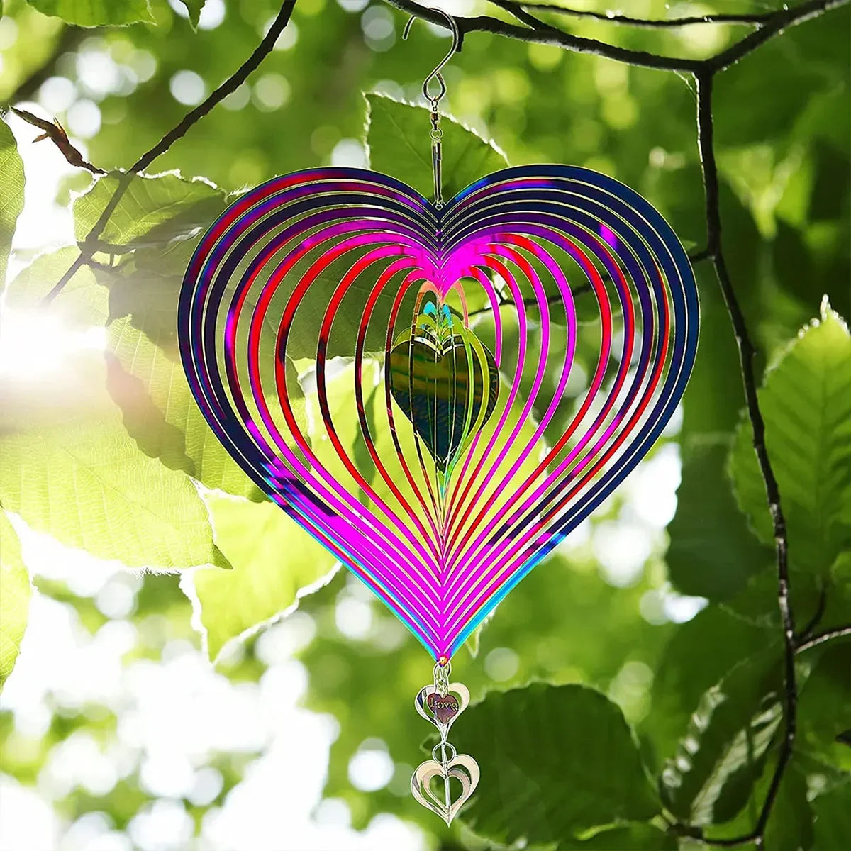 Metalic Heart Color Wind Spinner, Stainless Steel, 3D Outdoor Garden Yard 