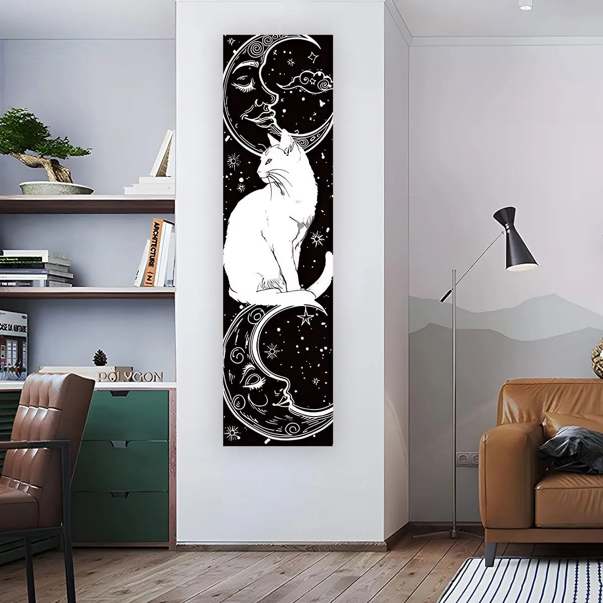Whimsy Cat Black and White Cat Vertical Tapestry Sun and Moon Long Wall Hanging Starry Sky Aesthetic Art Tapestry Wall Decor 