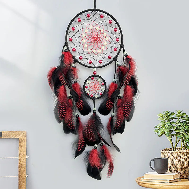 Dream Catcher With Bright Beads and Red Feathers Wall Decoration 