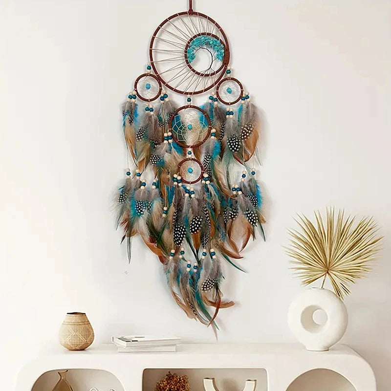 Turquoise and Tan Dream Catcher, Feather Hanging Ornament, Home Decor 