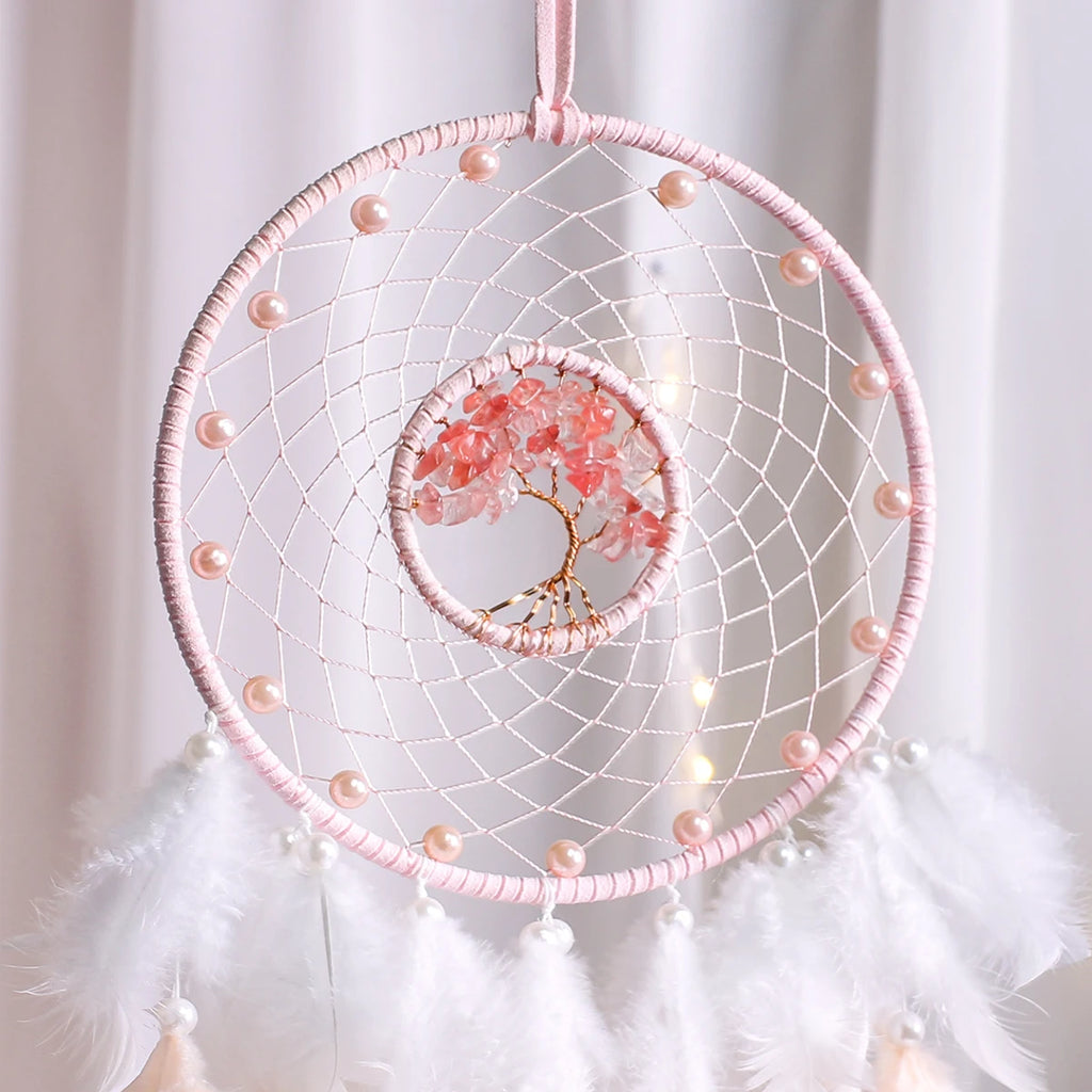 Pink Tree of Life Dream Catcher with Crystal Stones Hanging Decor 