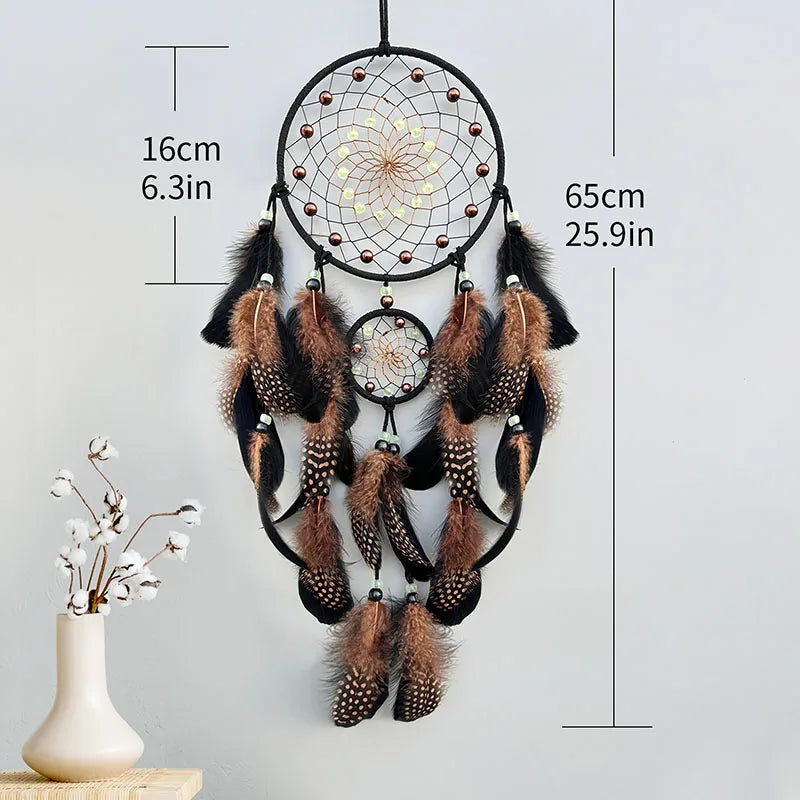 Dream Catcher With Bright Beads and Coffee Feathers Wall Decoration 