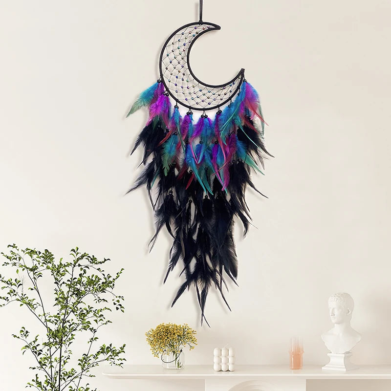 Midnight Moon Dream Catcher, Colorful Feather Bedroom Wall Hanging Decor 